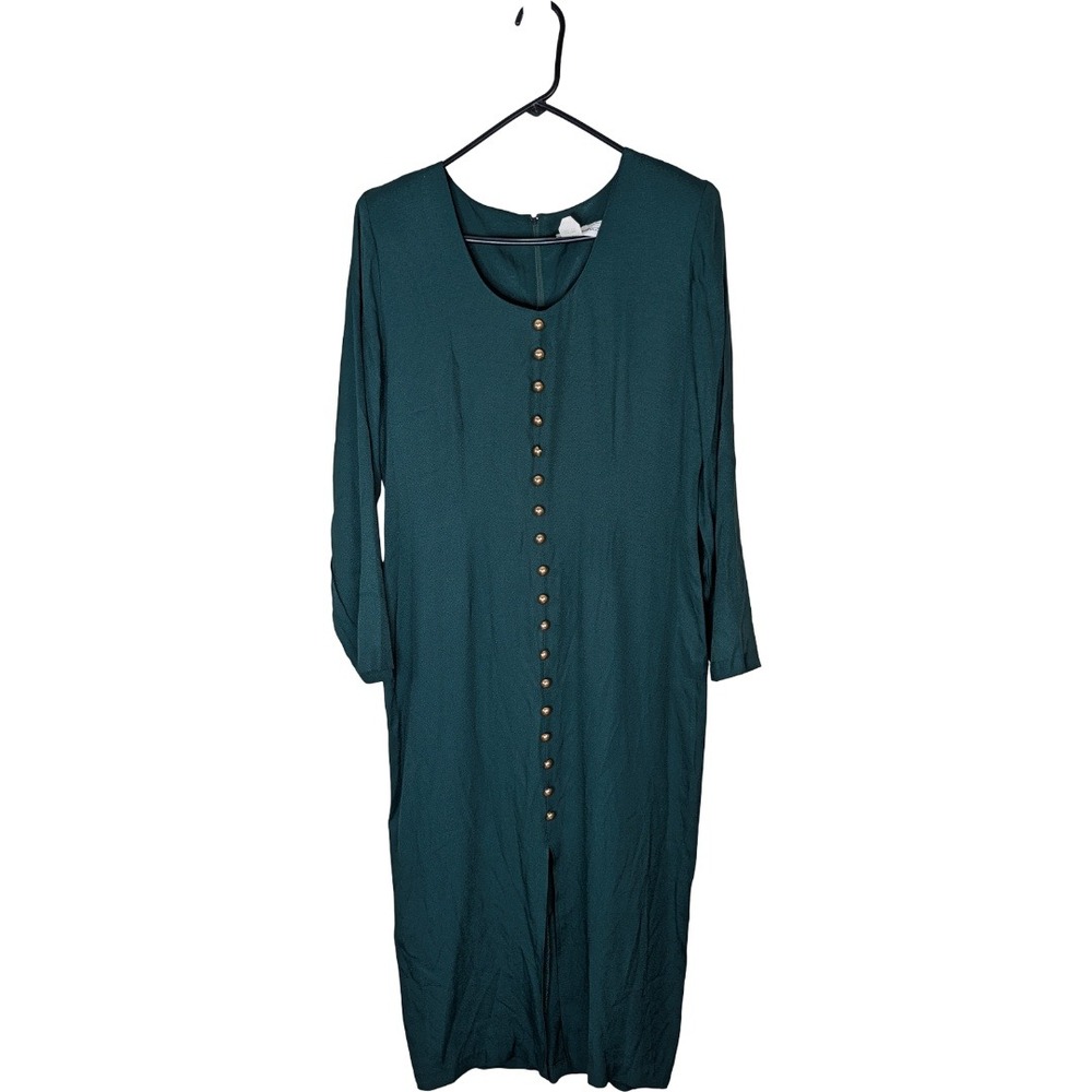 Betsy's Things Midi Dress Women 11/12 Green Long Sleeve Button Front Vintage 90s